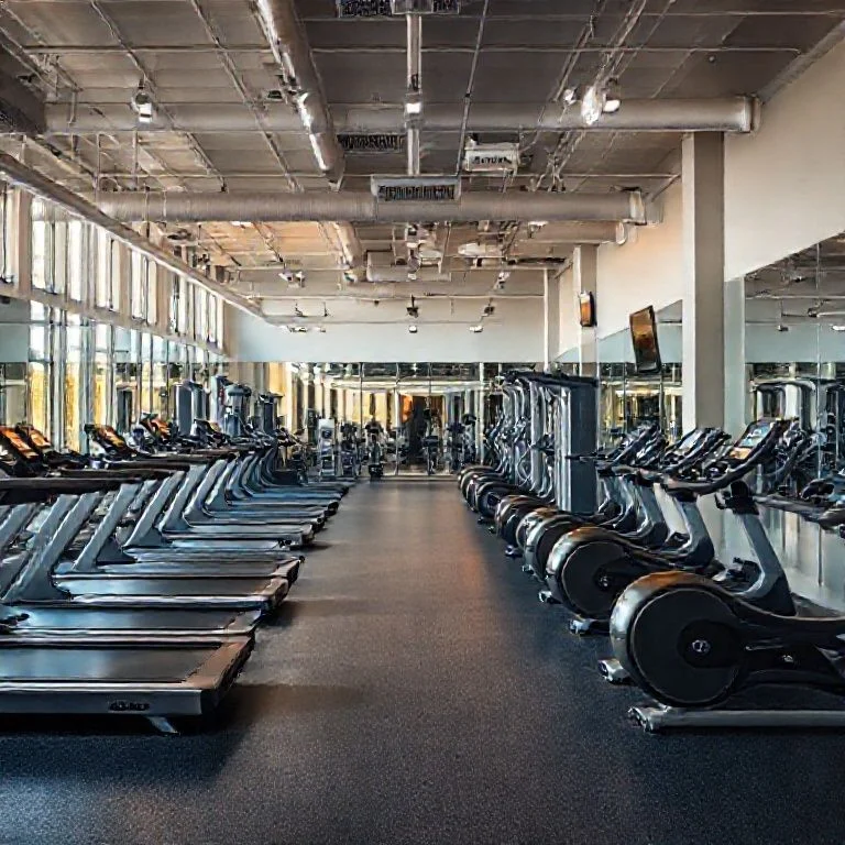 Wide shot of modern, high-tech fitness equipment facility
